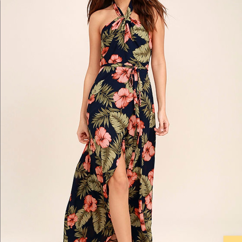 Lulus Splendorous Navy Floral Halter Max Dress
